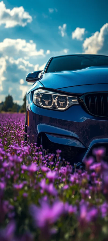 Nahaufnahme eines blauen BMW M4 im violetten Blumenfeld unter blauem Himmel als hochauflösendes 4K Handy Wallpaper.