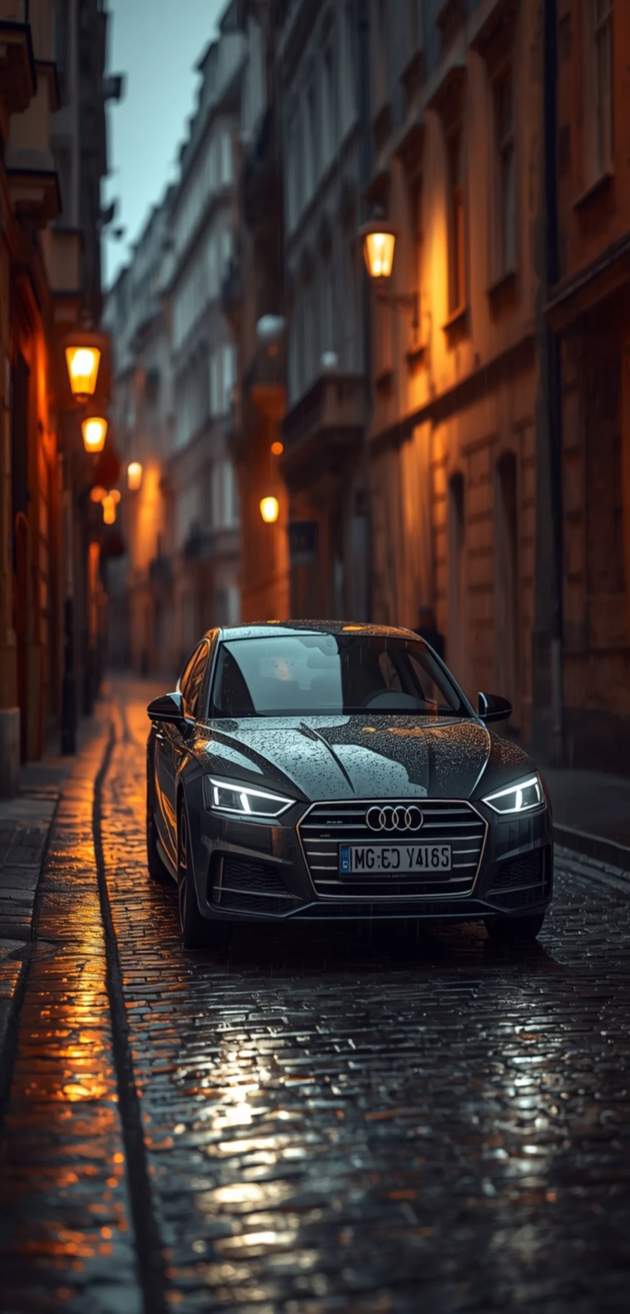 Dunkelgrauer Audi A5 Sportback in einer nassen Altstadtgasse mit warmen Straßenlaternen als 4K Handy-Hintergrundbild
