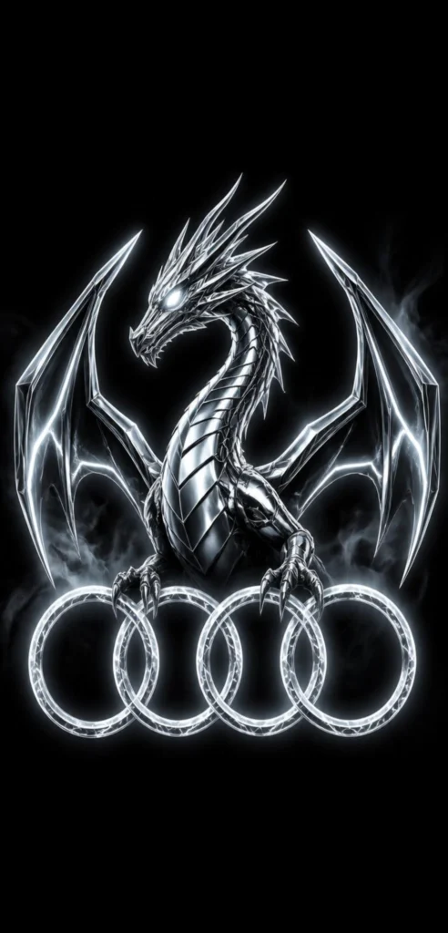 Silberner futuristischer Drache über leuchtenden Audi-Ringen auf schwarzem Hintergrund als vertikales Smartphone-Wallpaper.