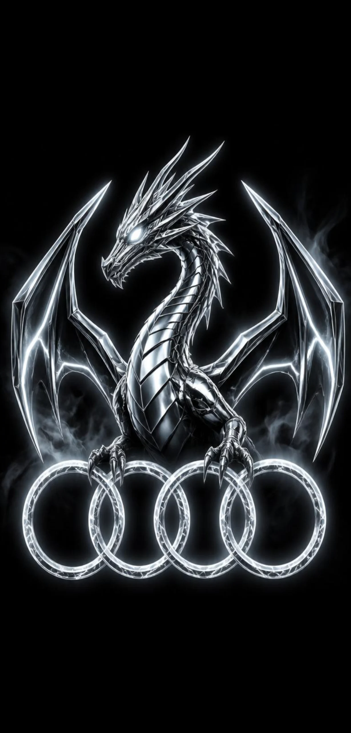 Silberner futuristischer Drache über leuchtenden Audi-Ringen auf schwarzem Hintergrund als vertikales Smartphone-Wallpaper.