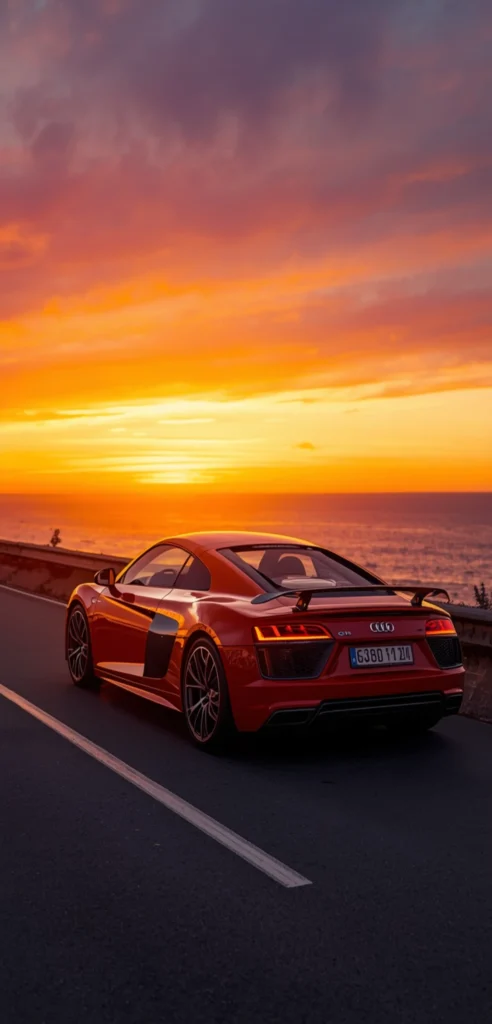 Roter Audi R8 auf einer Küstenstraße bei Sonnenuntergang am Meer als 4K Handy-Hintergrundbild