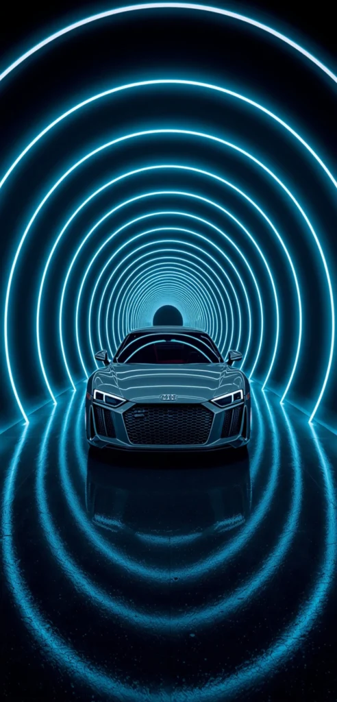 Grauer Audi R8 in einem futuristischen Tunnel aus runden neonblauen Lichtringen als 4K Handy-Hintergrundbild