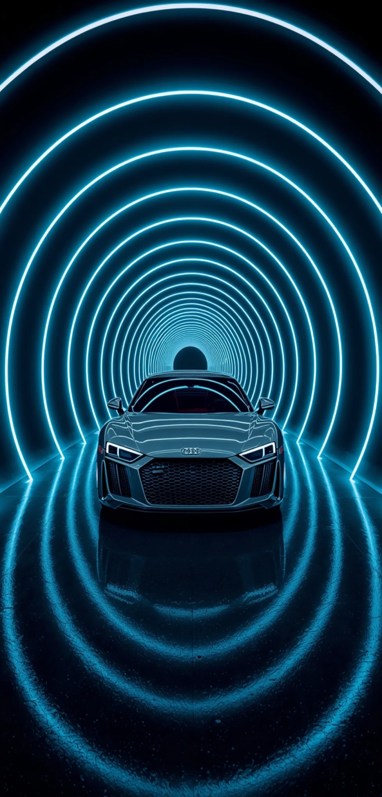 Grauer Audi R8 in einem futuristischen Tunnel aus runden neonblauen Lichtringen als 4K Handy-Hintergrundbild