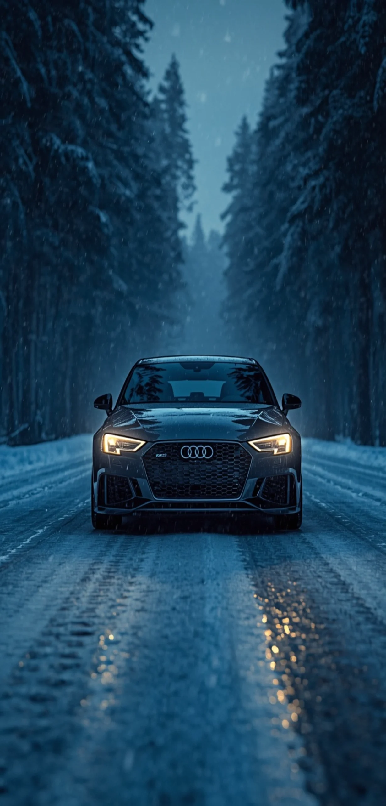 Dunkelgrauer Audi RS3 mit leuchtenden Scheinwerfern auf einer verschneiten Waldstraße im Winter als 4K Handy-Hintergrundbild