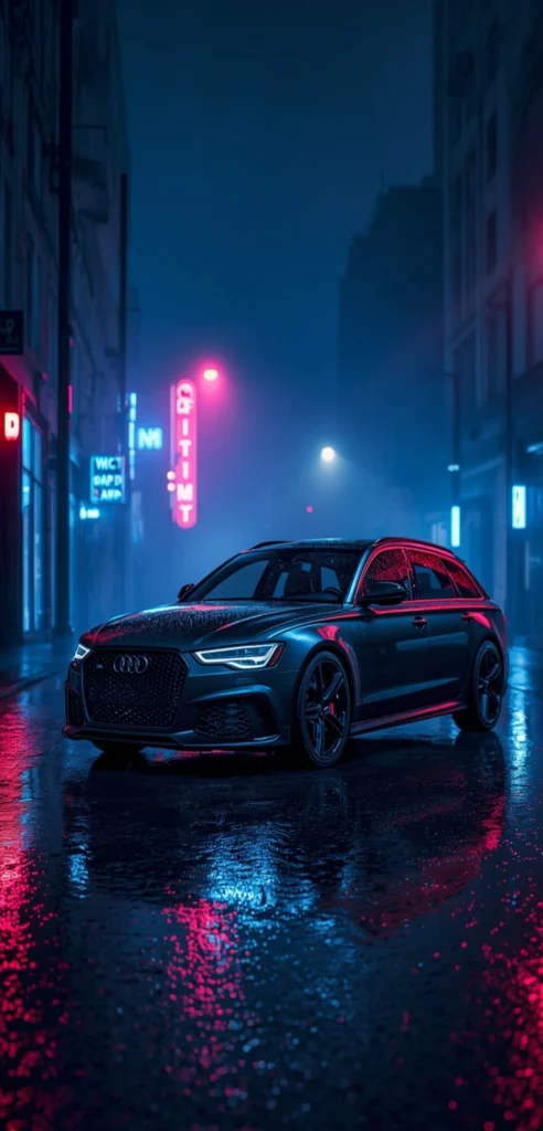 Audi RS6 Avant parked on a rain-soaked cyberpunk street at night with blue and pink neon reflections, ultra-realistic 4K smartphone wallpaper.