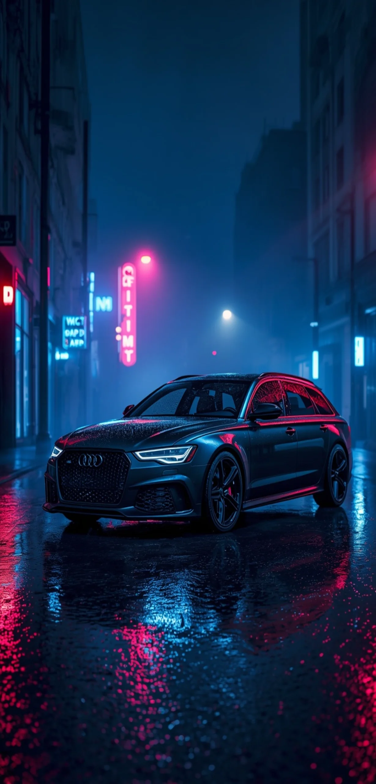 Audi RS6 Avant parked on a rain-soaked cyberpunk street at night with blue and pink neon reflections, ultra-realistic 4K smartphone wallpaper.