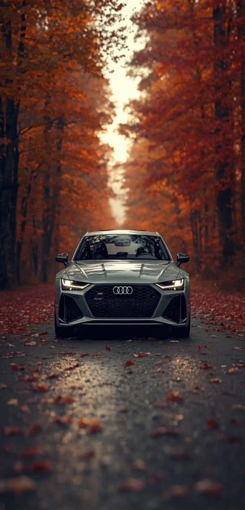 Grauer Audi RS6 auf einer herbstlichen Waldstraße mit bunten Blättern und leuchtenden Herbstfarben als 4K Smartphone Wallpaper.
