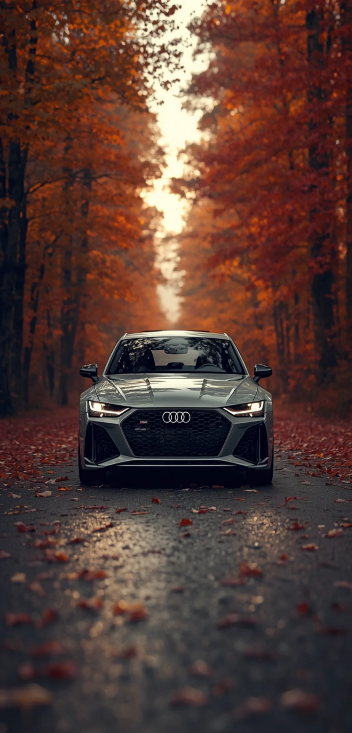 Grauer Audi RS6 auf einer herbstlichen Waldstraße mit bunten Blättern und leuchtenden Herbstfarben als 4K Smartphone Wallpaper.