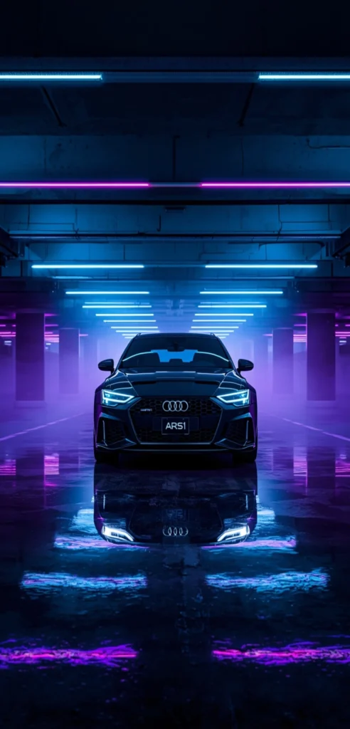 Schwarzer Audi RS6 in einer neonbeleuchteten Tiefgarage mit blauen und lila Lichtern als 4K Handy-Hintergrundbild