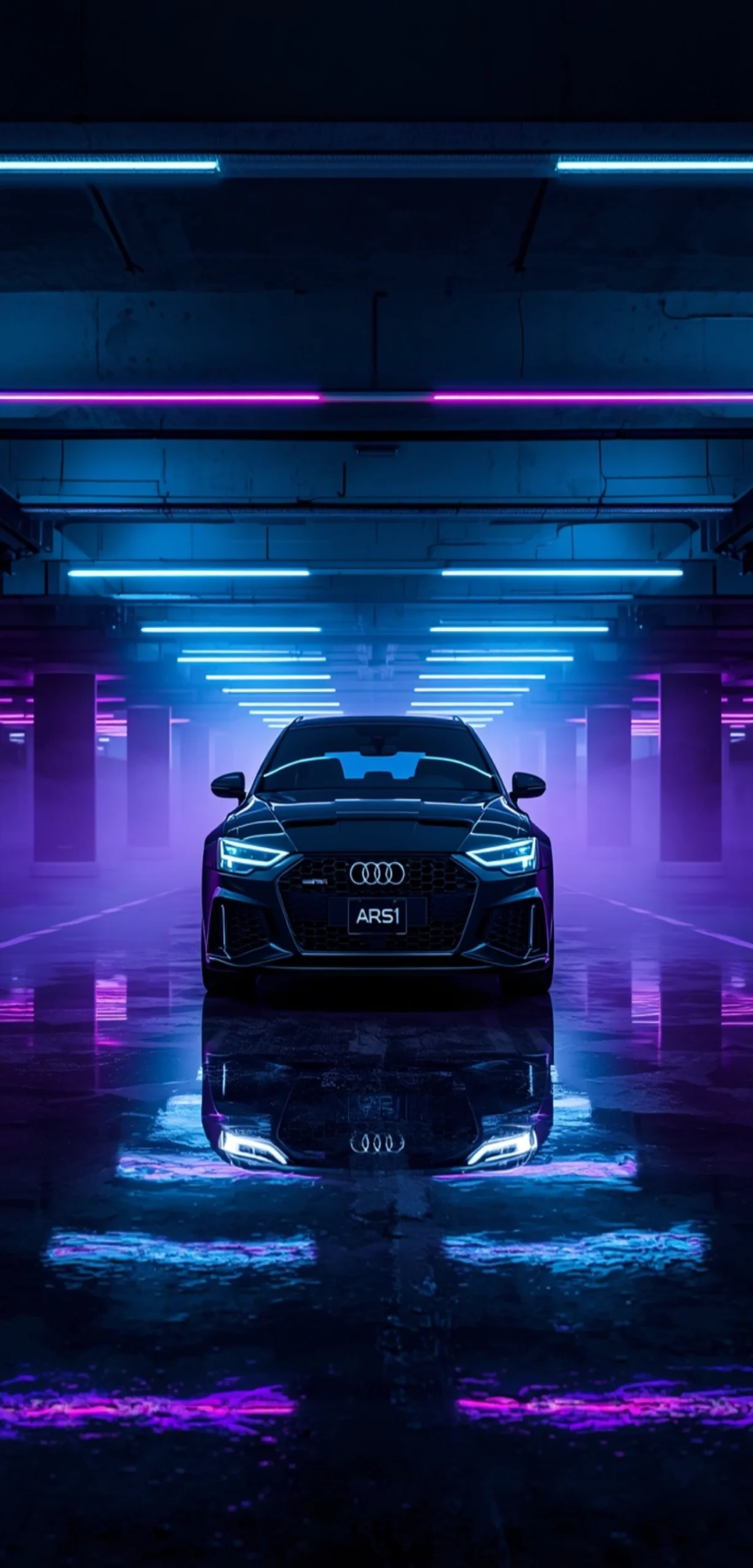 Schwarzer Audi RS6 in einer neonbeleuchteten Tiefgarage mit blauen und lila Lichtern als 4K Handy-Hintergrundbild