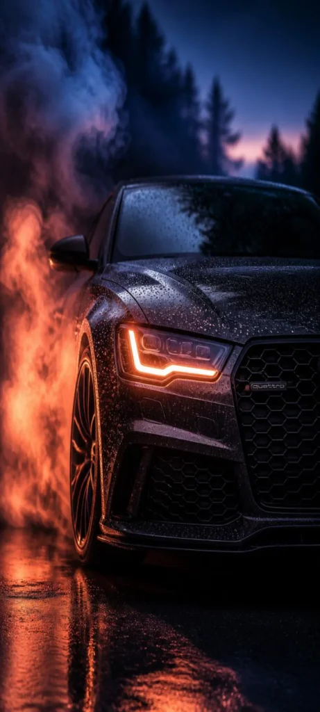 Lade ein beeindruckendes Audi RS7 Wallpaper in 4K herunter. Dunkle Atmosphäre, Regen, leuchtende LED-Scheinwerfer und sportliches Design für dein Smartphone.