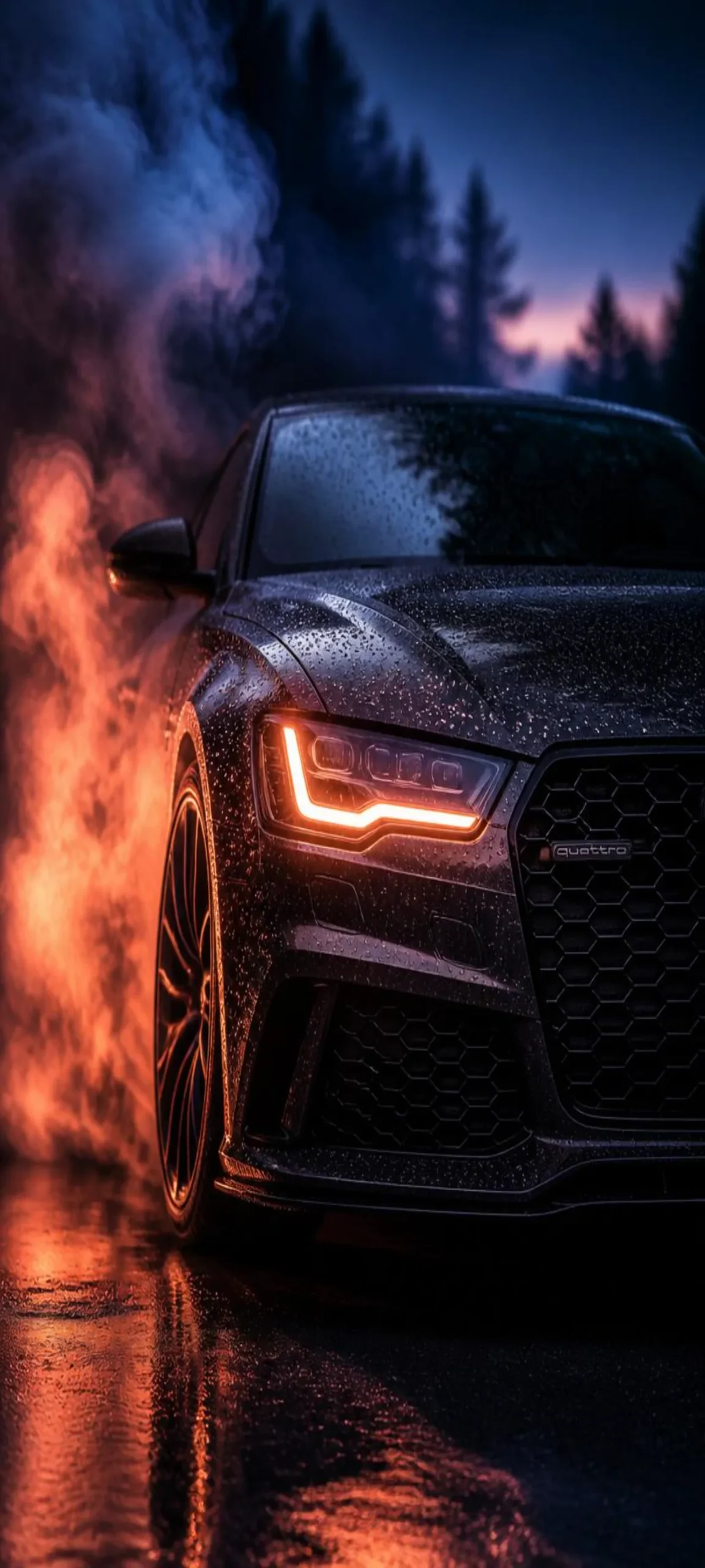 Lade ein beeindruckendes Audi RS7 Wallpaper in 4K herunter. Dunkle Atmosphäre, Regen, leuchtende LED-Scheinwerfer und sportliches Design für dein Smartphone.