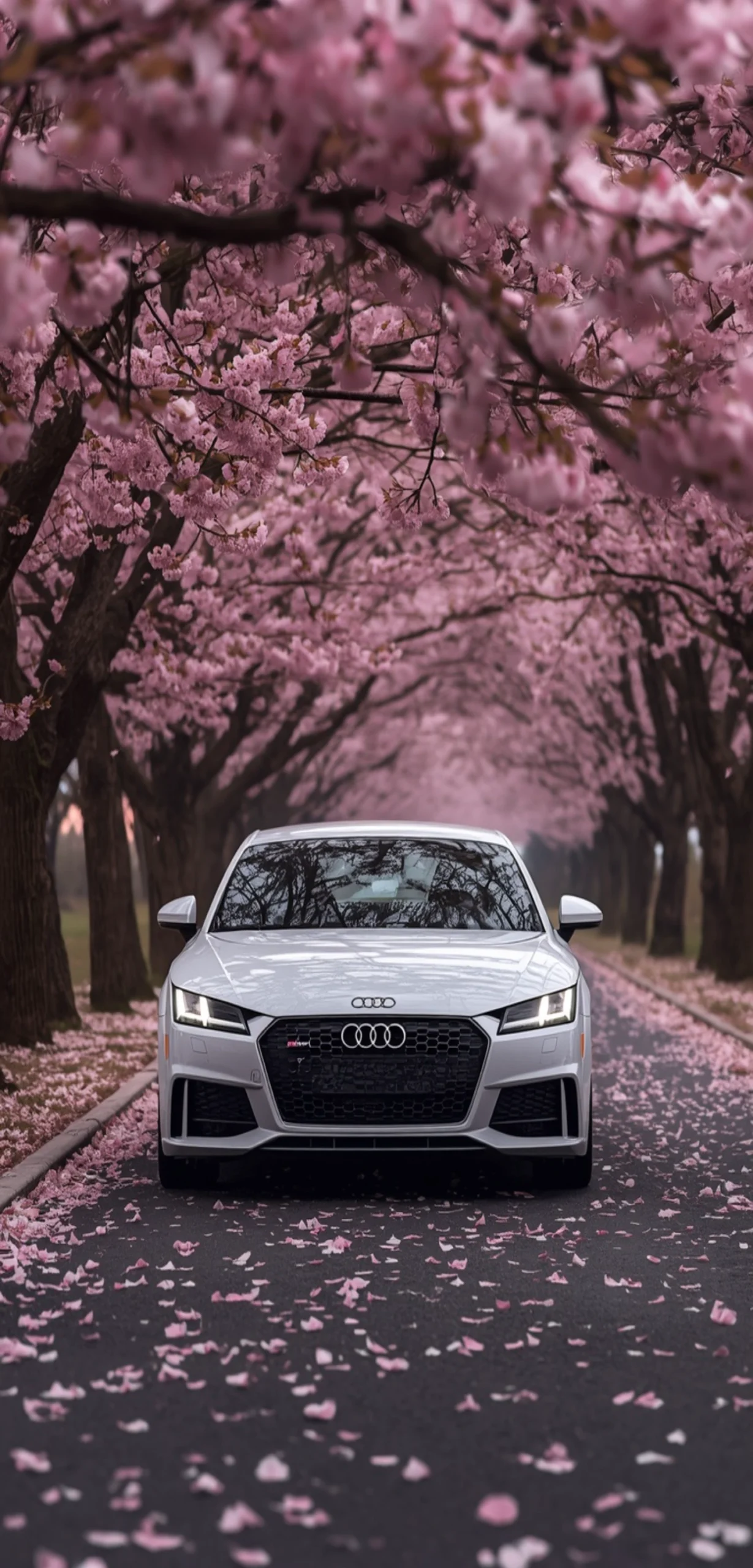 Weißer Audi TT RS unter rosafarbenen Kirschblüten auf einer Allee als 4K Handy-Hintergrundbild