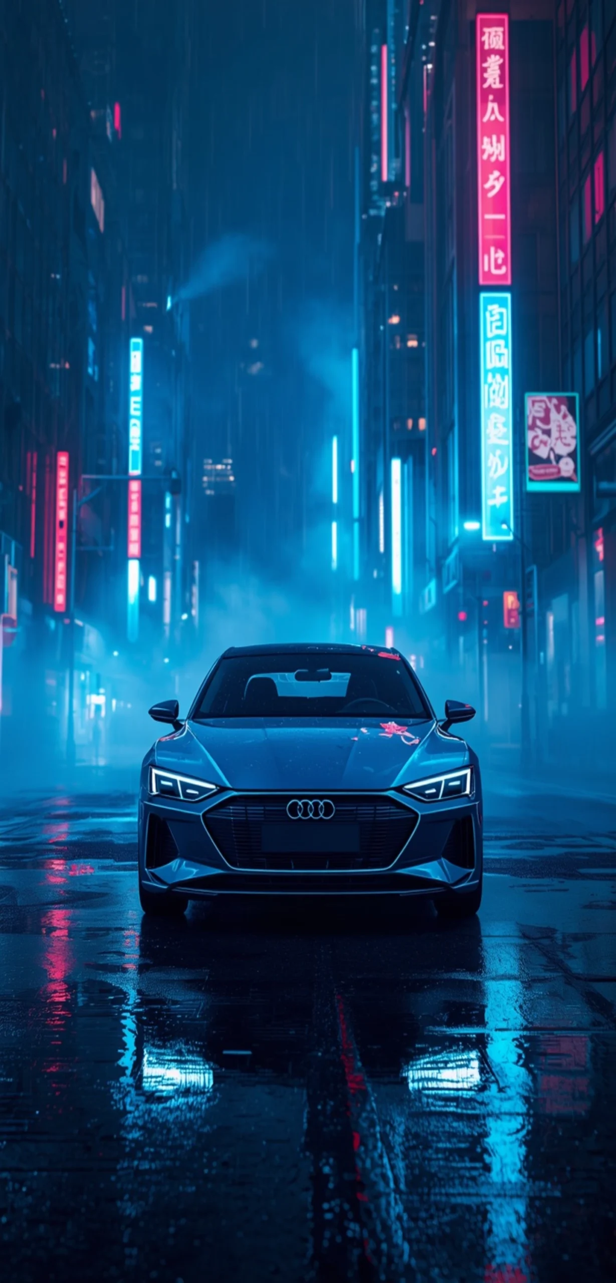 Blauer Audi e-tron GT in einer neonbeleuchteten Cyberpunk-Straße bei Regen als 4K Handy-Hintergrundbild