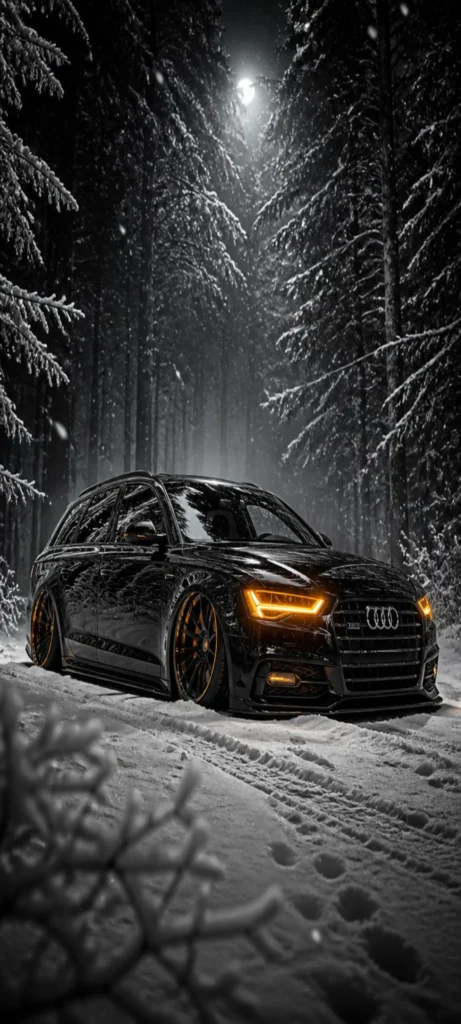Audi RS5 – 4K Handy-Hintergrundbild Lade dieses edle Audi Smartphone-Wallpaper kostenlos herunter. Ein schwarzer Avant im verschneiten Winterwald – perfekt optimiert für deinen Sperrbildschirm.
