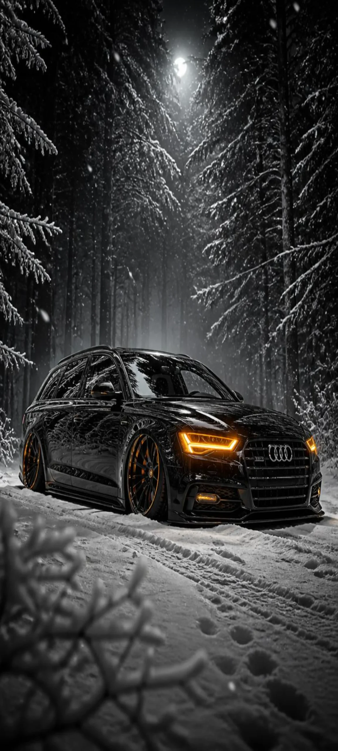 Lade dieses edle Audi Smartphone-Wallpaper kostenlos herunter. Ein schwarzer Avant im verschneiten Winterwald – perfekt optimiert für deinen Sperrbildschirm.