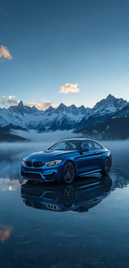 BMW Toronto Red Wallpaper Handy Blauer BMW M4 Coupé auf einer spiegelglatten Wasserfläche vor schneebedeckten Alpen bei Sonnenaufgang, realistisches 4K-Smartphone-Wallpaper.