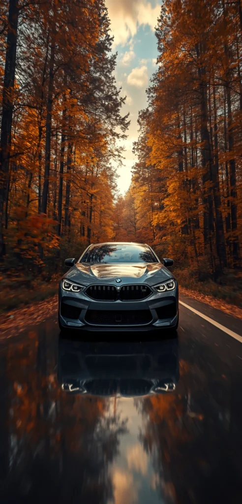 BMW Toronto Red Wallpaper Handy BMW M8 in Dravit Grey auf einer herbstlichen Waldstraße mit goldenen Bäumen und Spiegelung auf der nassen Fahrbahn.