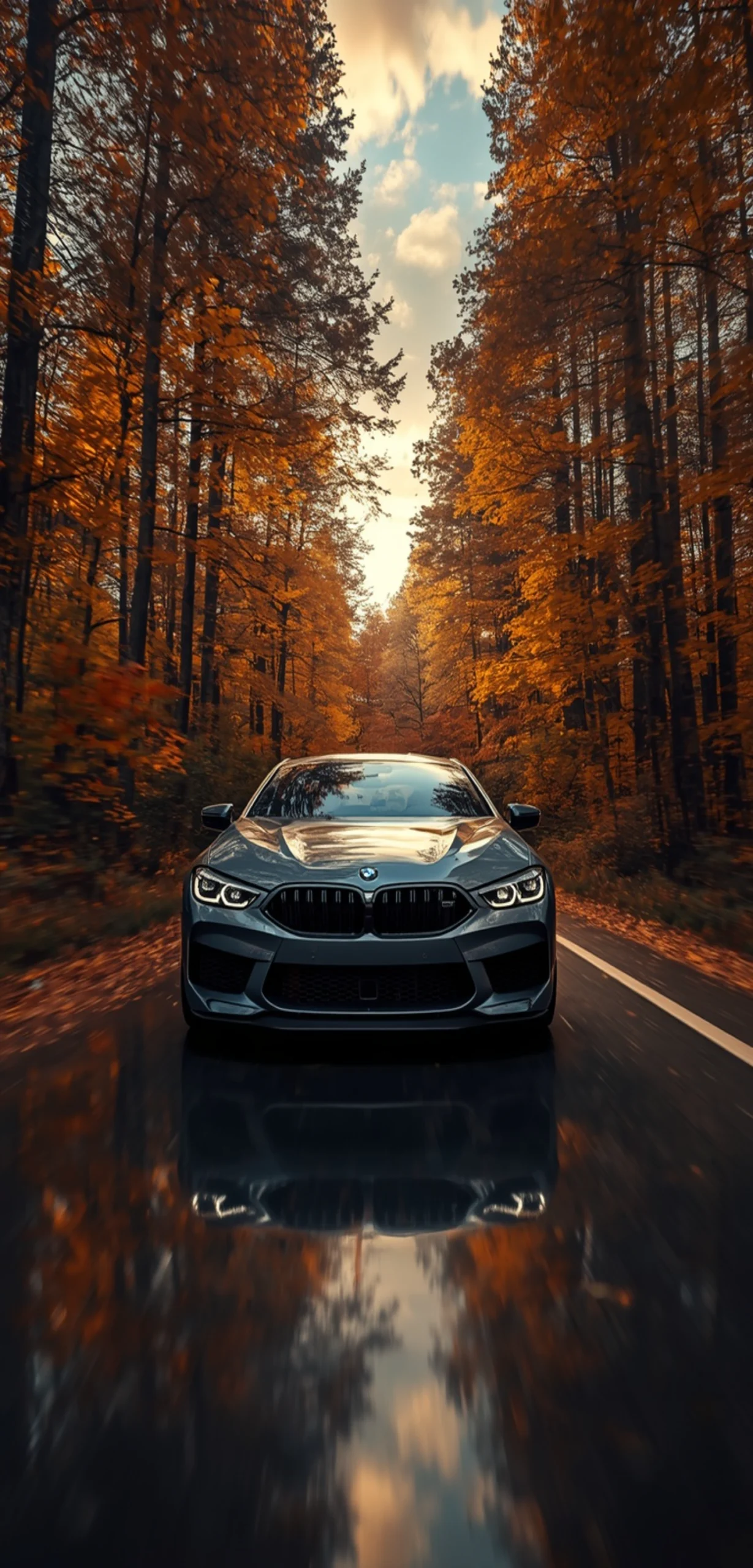 BMW M8 in Dravit Grey auf einer herbstlichen Waldstraße mit goldenen Bäumen und Spiegelung auf der nassen Fahrbahn.