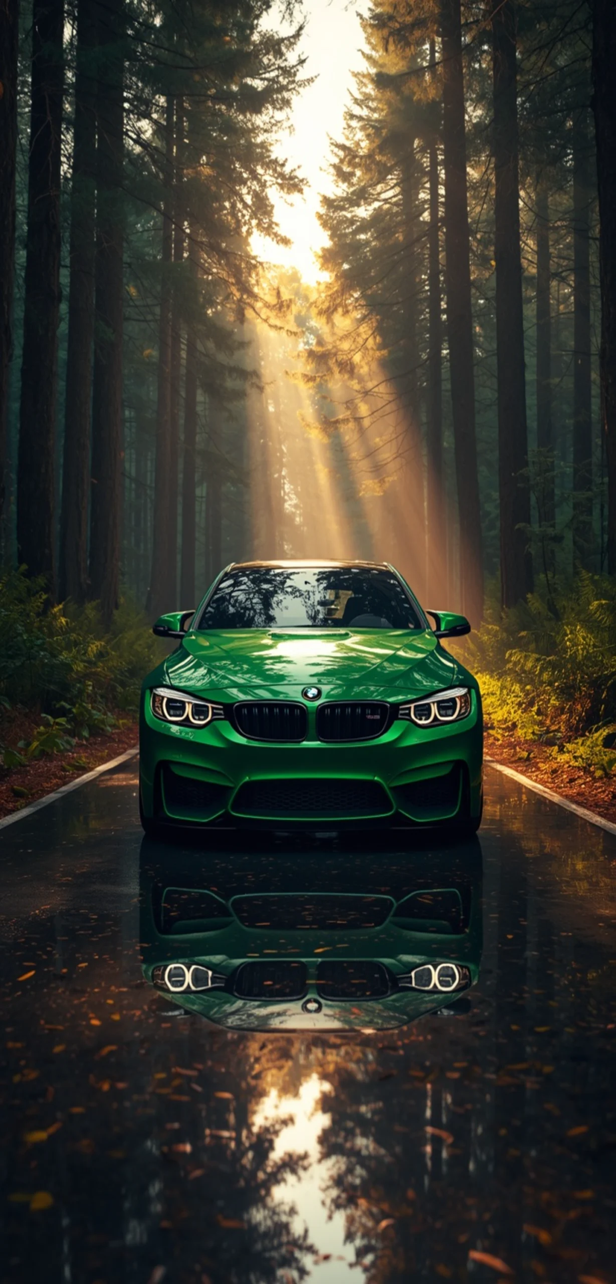 BMW M3 in Isle of Man Green auf einer nassen Waldstraße mit goldenen Sonnenstrahlen zwischen hohen Bäumen und spiegelnder Fahrbahn – vertikales Handy-Wallpaper.