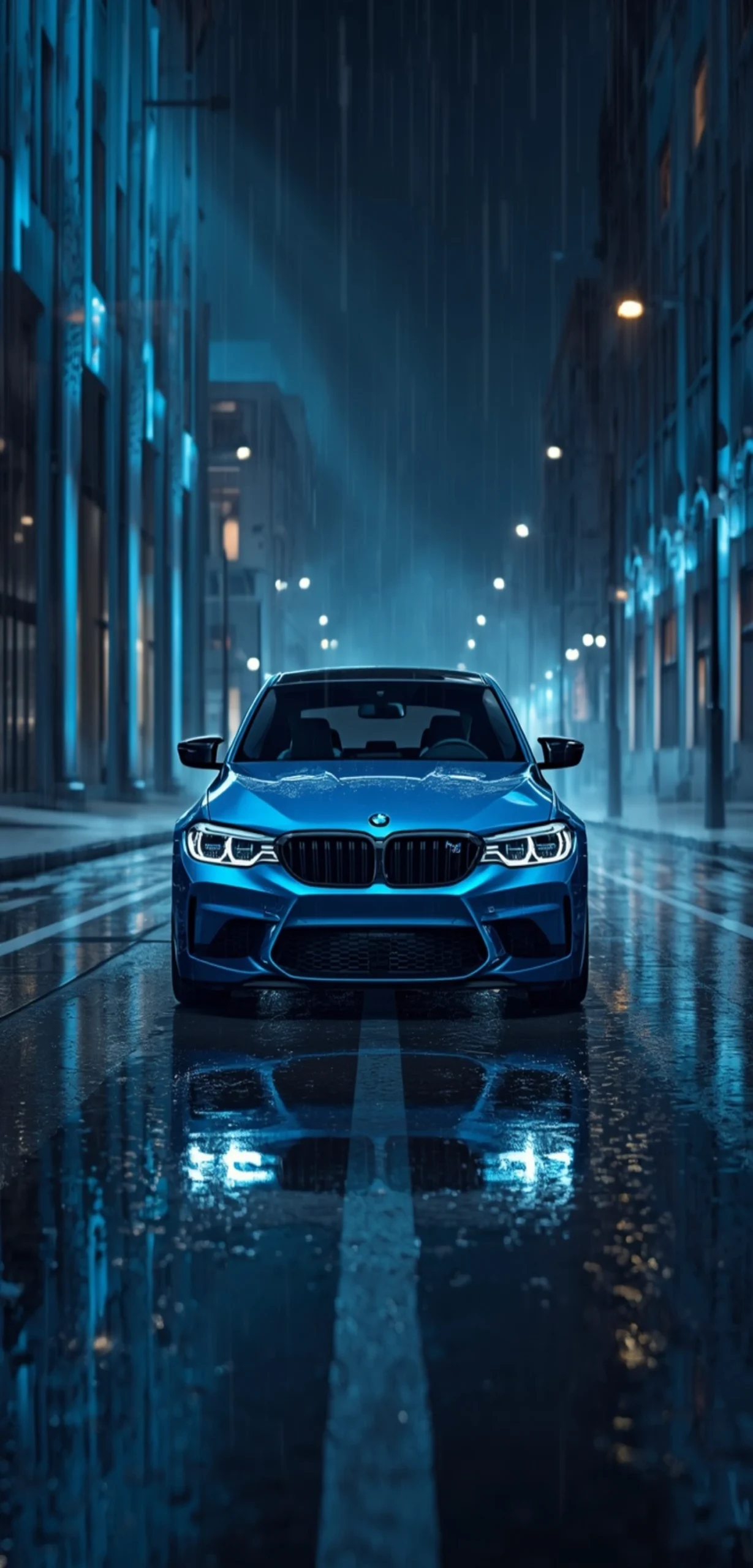 Blauer BMW M3 auf einer regennassen Straße bei Nacht mit spiegelnden Reflexionen und urbaner Beleuchtung, realistisches 4K-Smartphone-Wallpaper.