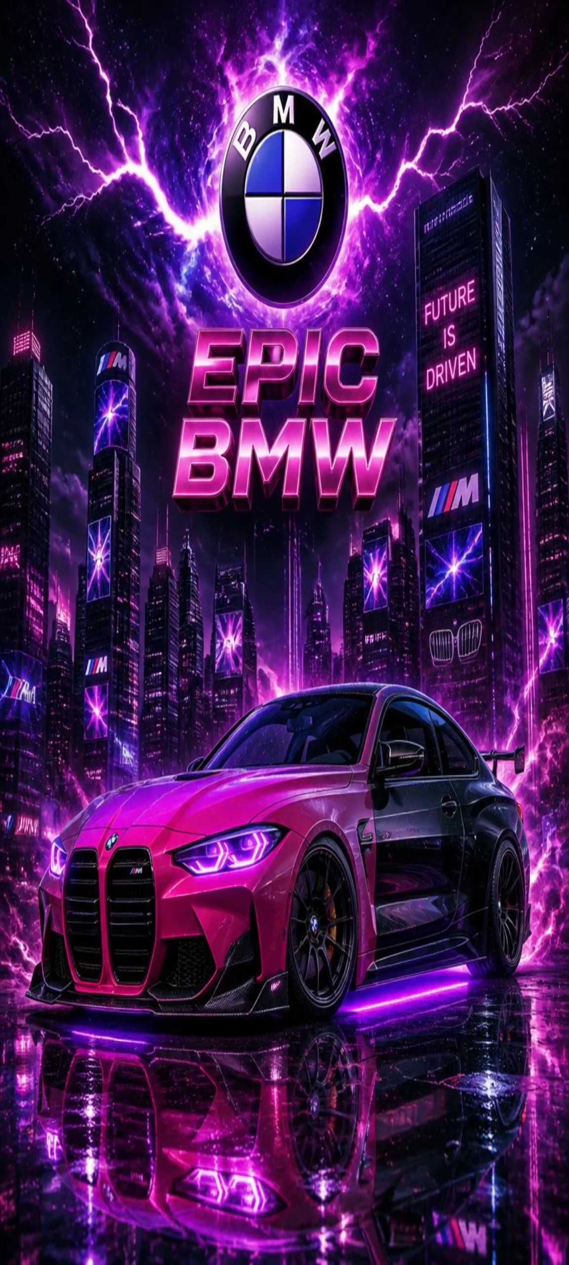 BMW M4 Competition im Cyberpunk-Stil mit violetter Neonbeleuchtung, futuristischer Skyline, Blitzen und BMW M Branding als 4K Handy Wallpaper.