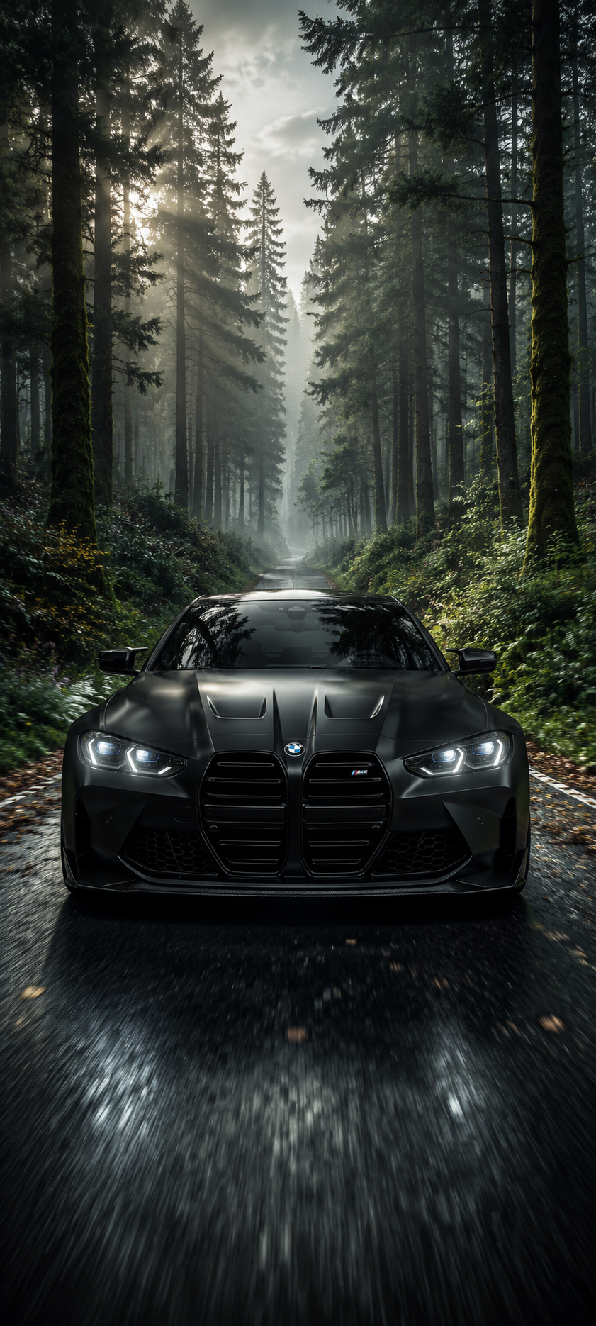 Mattschwarzer BMW M4 Competition G82 auf einer Waldstraße als 4K Handy Hintergrund.