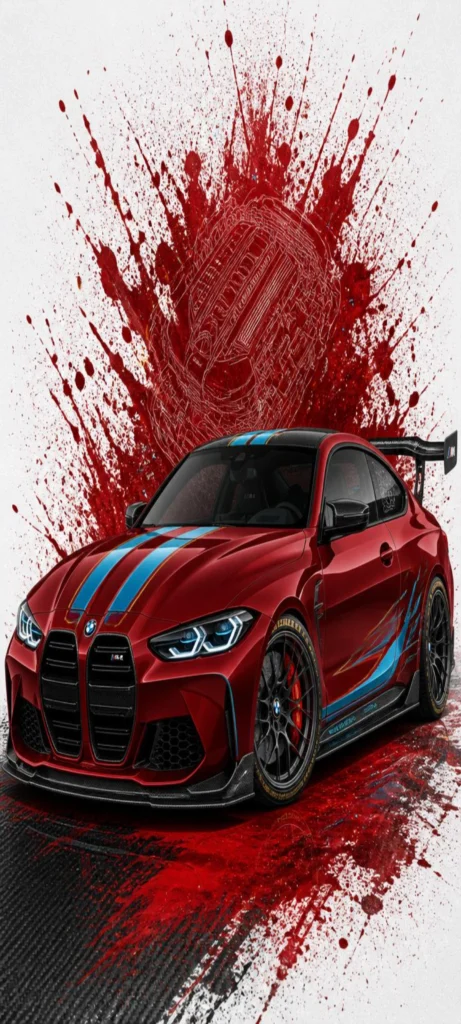 Roter BMW M4 Competition mit Motorsport-Streifen vor künstlerischem roten Farbexplosions-Hintergrund als 4K Handy Wallpaper.