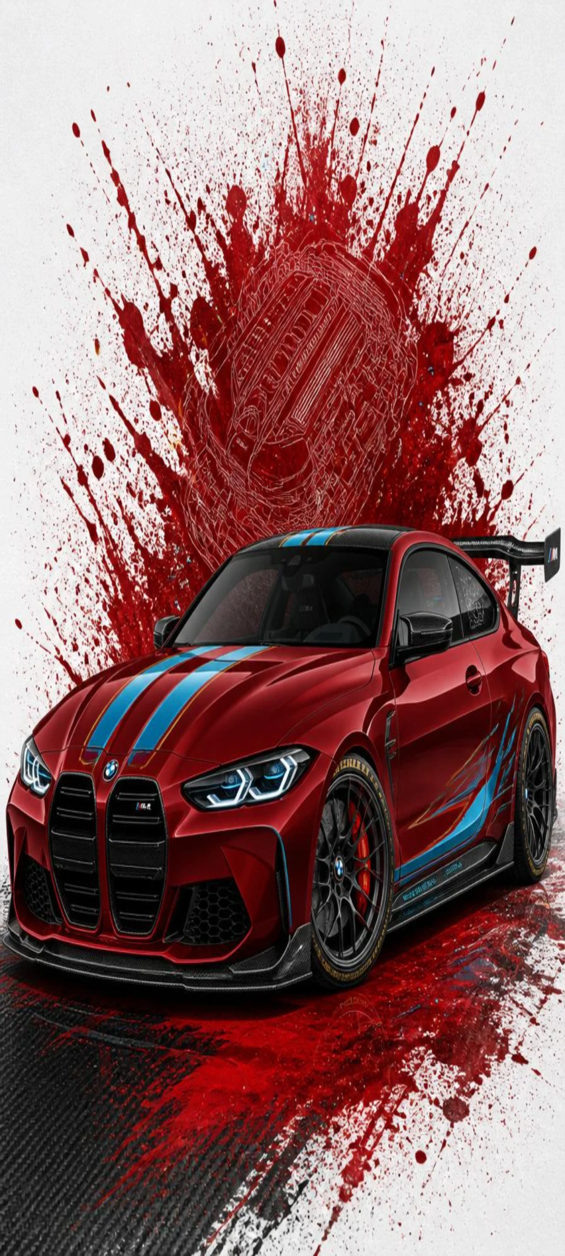 Roter BMW M4 Competition mit Motorsport-Streifen vor künstlerischem roten Farbexplosions-Hintergrund als 4K Handy Wallpaper.