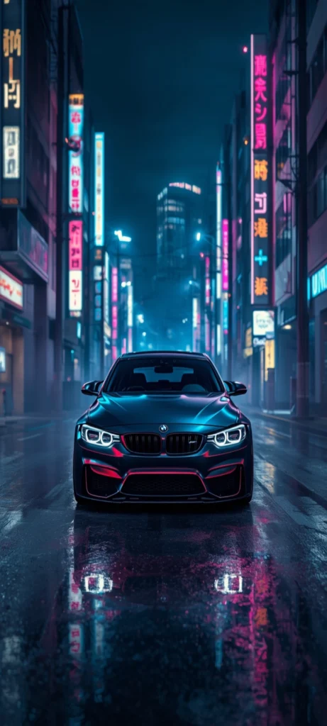 BMW M4 in einer neonbeleuchteten Cyberpunk-Straße bei Nacht mit spiegelnder nasser Fahrbahn als 4K Smartphone Wallpaper.
