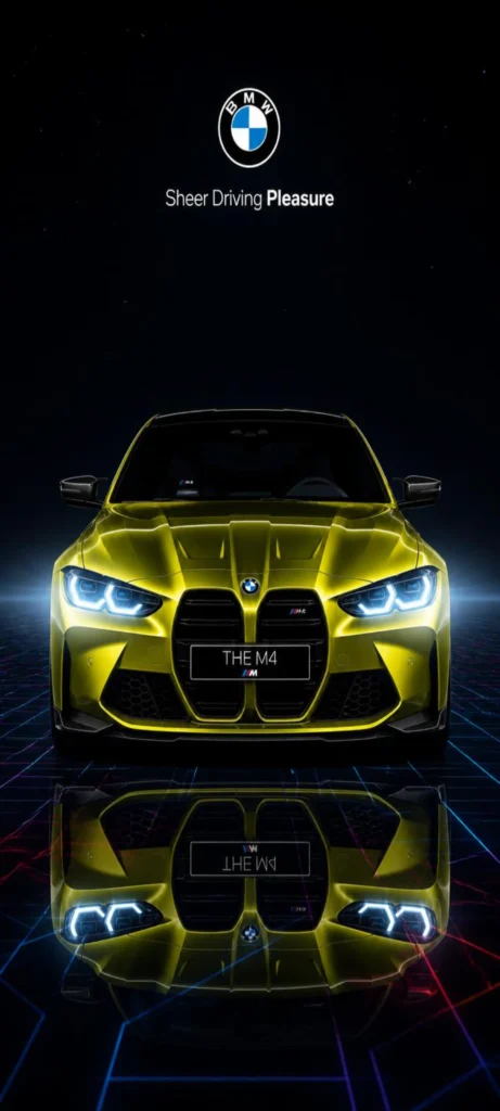 BMW M4 G82 in São Paulo Yellow mit leuchtenden LED-Scheinwerfern vor schwarzem Hintergrund und futuristischer Spiegelung als 4K Smartphone Wallpaper.