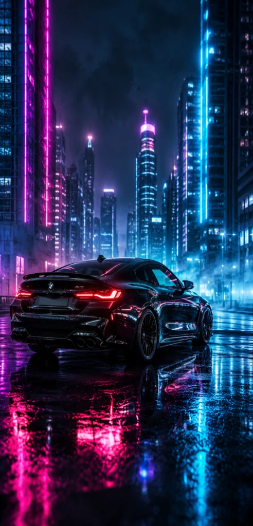 bmw m4 hintergrundbilder handy 4k Schwarzes BMW M8 Competition Handy Wallpaper in einer futuristischen Neonstadt bei Nacht mit pink-blauen Lichtern und spiegelnder nasser Straße.