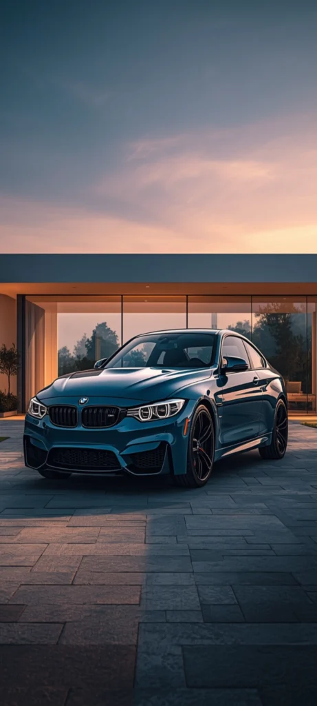 Blauer BMW M4 vor einer modernen Luxusvilla bei Sonnenuntergang als hochwertiges 4K Smartphone Wallpaper.