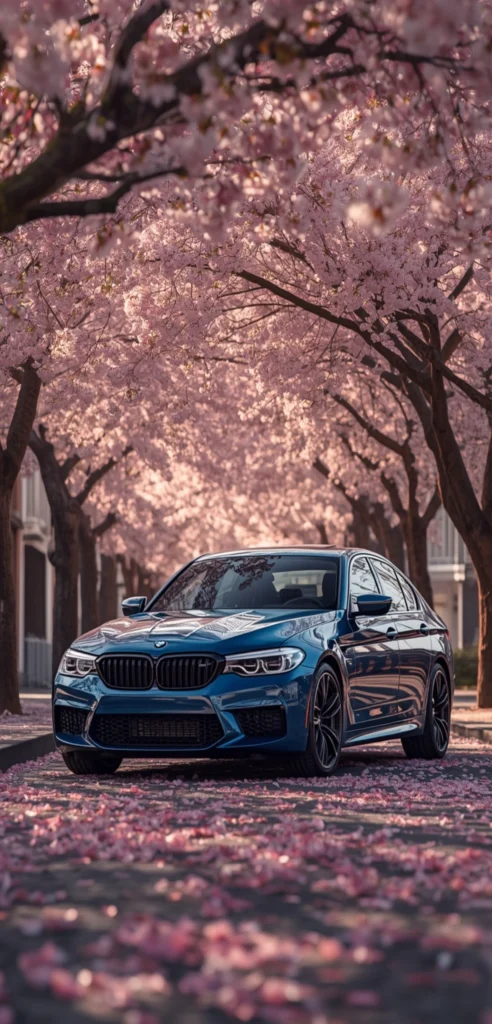 BMW Toronto Red Wallpaper Handy BMW M5 in Marina Bay Blue unter blühenden Kirschbäumen auf einer ruhigen Straße mit rosa Blütenblättern im Frühling.