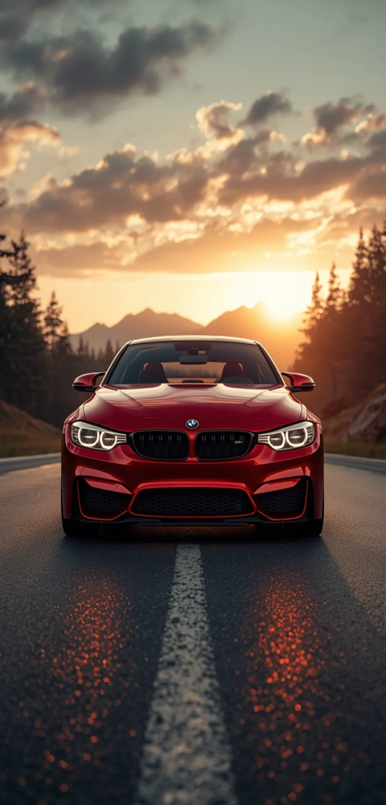Roter BMW bei Sonnenuntergang auf einer Landstraße als Handy Hintergrundbild.