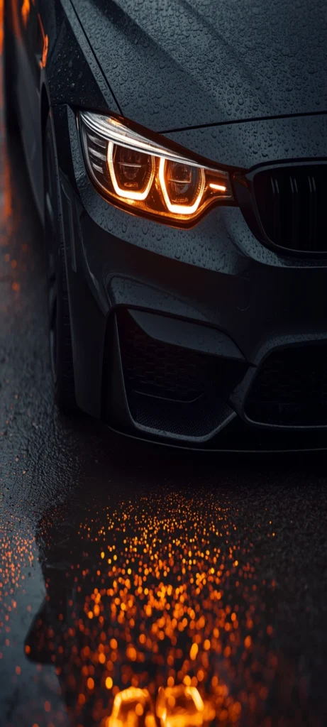 bmw m4 hintergrundbilder handy 4k Nahaufnahme eines schwarzen BMW mit leuchtendem LED-Scheinwerfer und Regentropfen auf nasser Straße als 4K Smartphone Wallpaper.