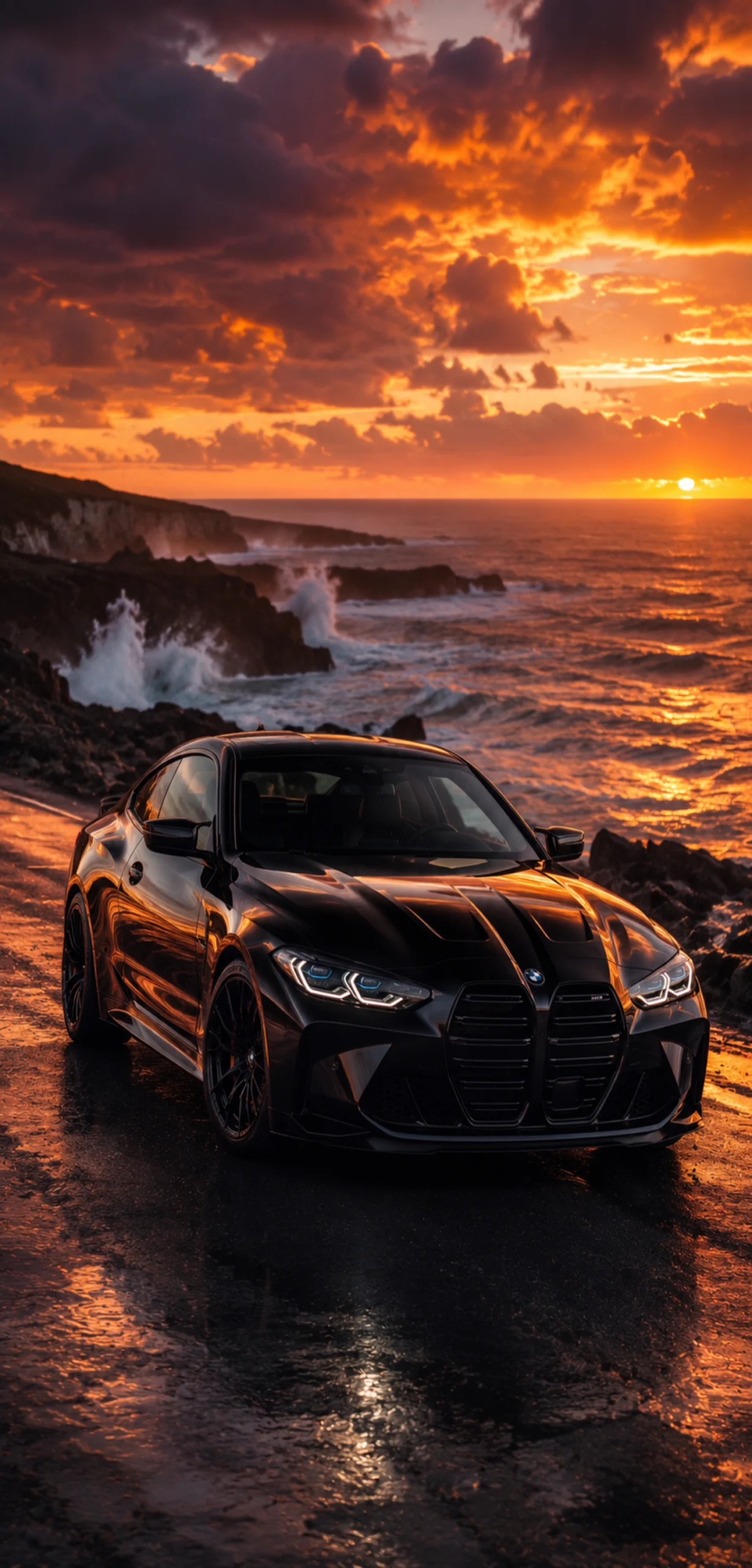 Schwarzer BMW vor einer dramatischen Meeresküste bei Sonnenuntergang mit spiegelnder nasser Straße und leuchtendem orangefarbenem Himmel.