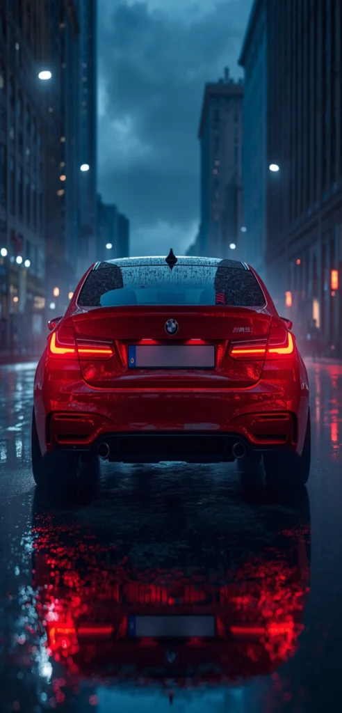 BMW Toronto Red Wallpaper Handy Rotes BMW M5 Handy Wallpaper mit Heckansicht auf einer regennassen Straße in der Stadt bei Nacht, leuchtende LED-Rückleuchten und spiegelnde Reflexionen auf dem Asphalt.