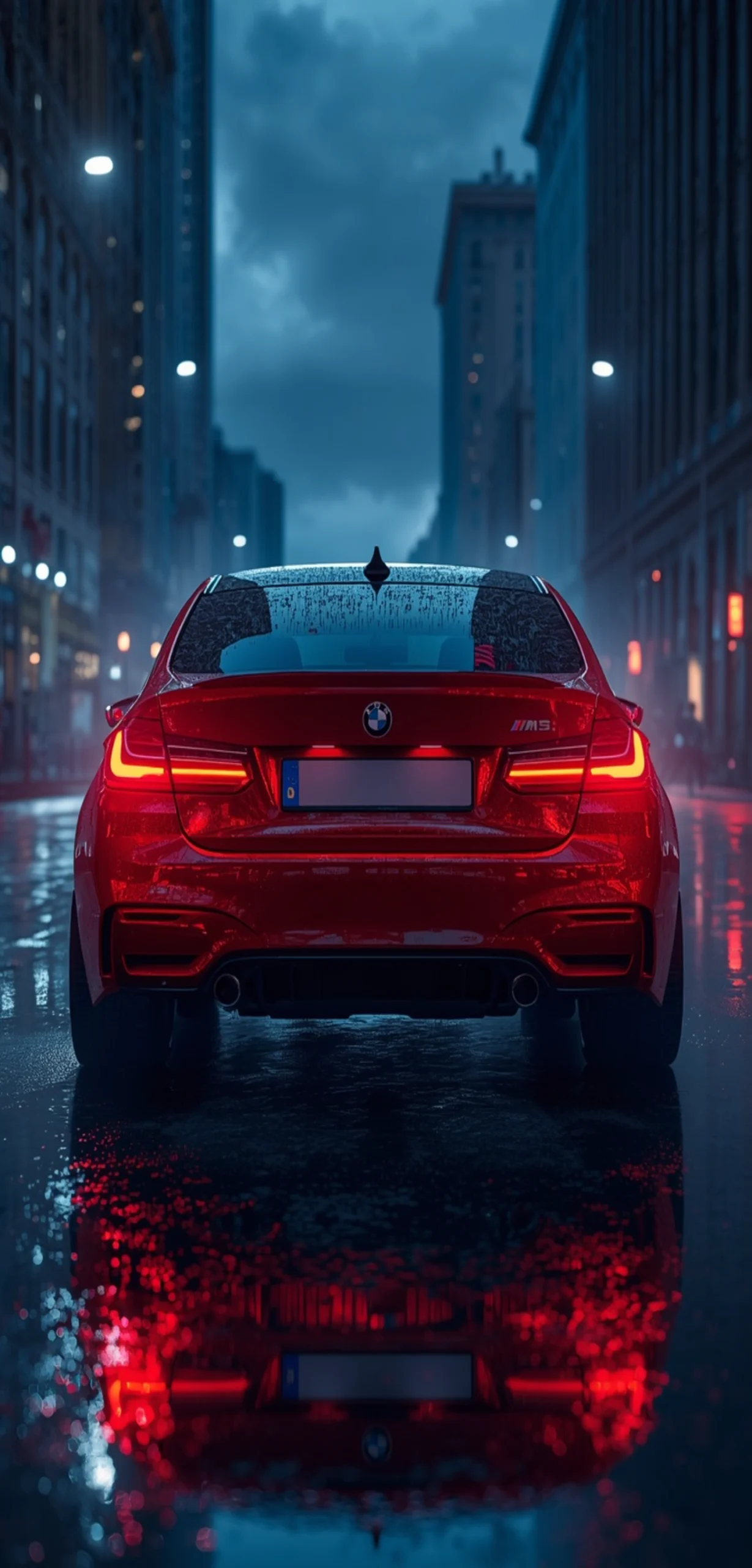 Rotes BMW M5 Handy Wallpaper mit Heckansicht auf einer regennassen Straße in der Stadt bei Nacht, leuchtende LED-Rückleuchten und spiegelnde Reflexionen auf dem Asphalt.