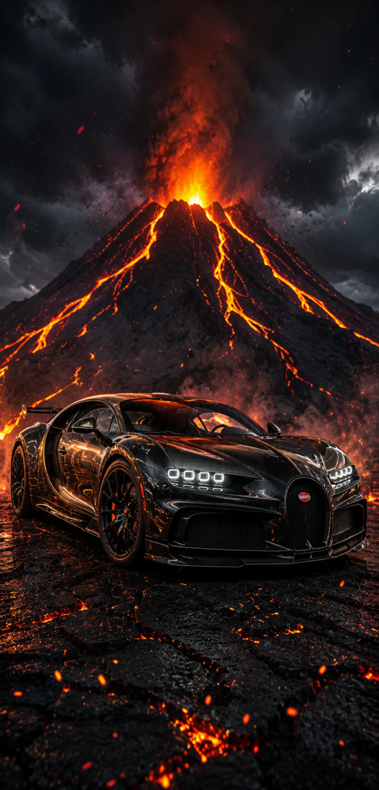 Schwarzer Bugatti vor einem ausbrechenden Vulkan mit glühender Lava als vertikales Smartphone-Wallpaper.