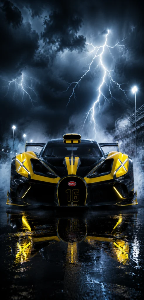Gelb-schwarzer Bugatti Bolide auf nasser Rennstrecke bei Gewitter mit Blitzen als vertikales Smartphone-Wallpaper.