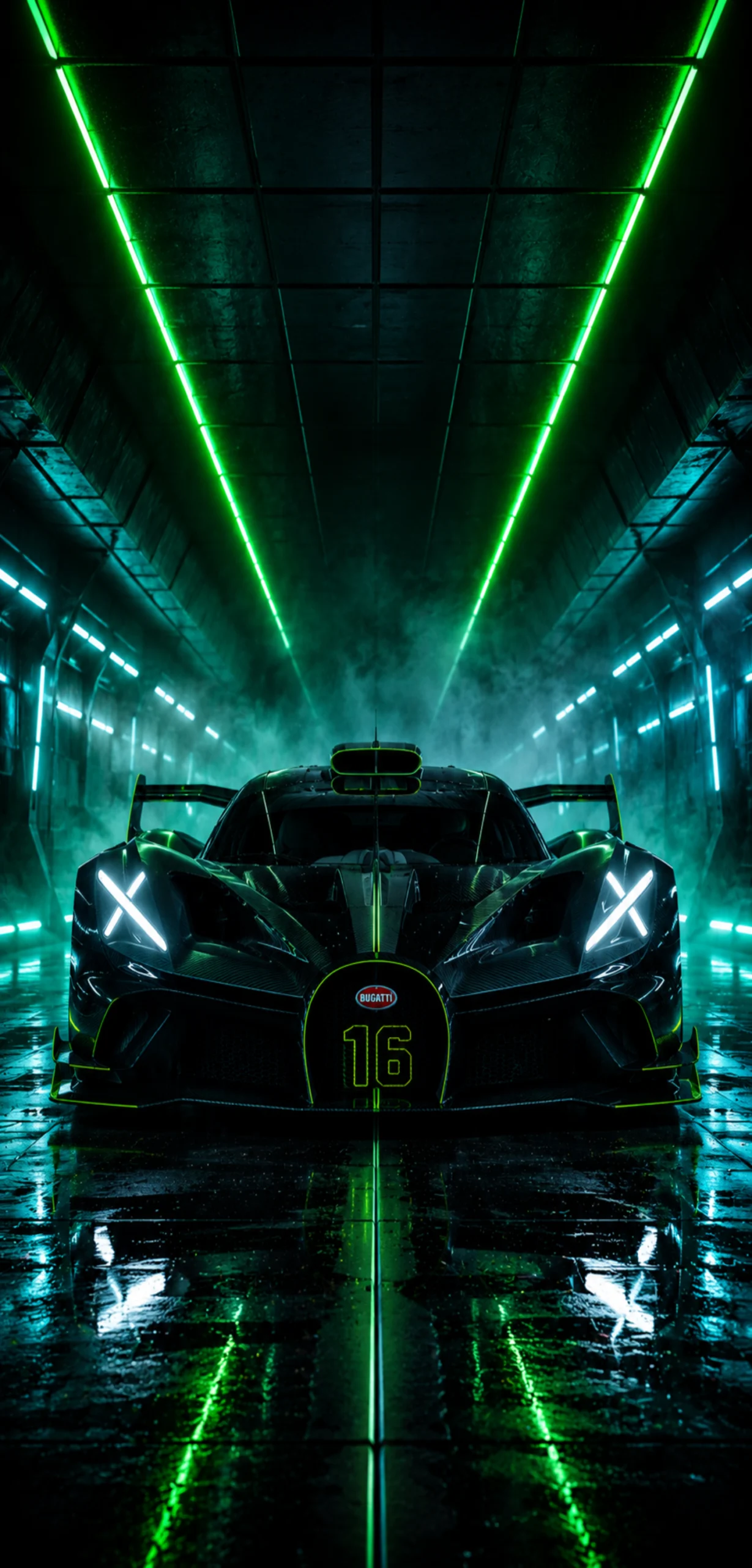 Schwarzer Bugatti Bolide mit grünen Neonlichtern in futuristischem Tunnel als vertikales Smartphone-Wallpaper.