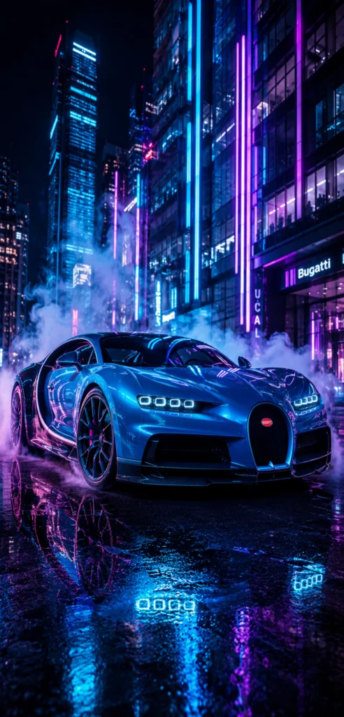 Bugatti Chiron in Hellblau bei Nacht auf einer regennassen Straße mit Neonlichtern in einer futuristischen Stadt.