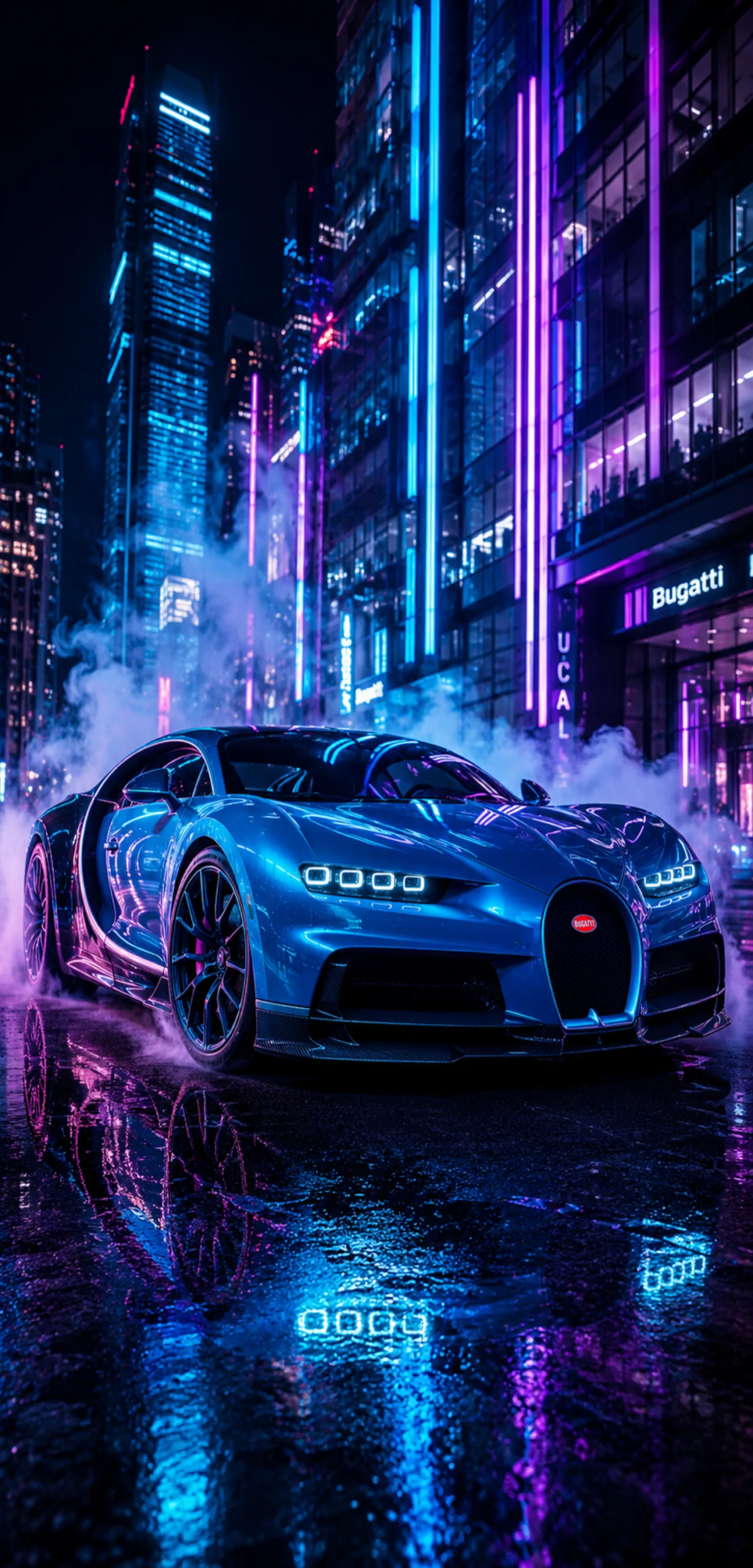 Bugatti Chiron in Hellblau bei Nacht auf einer regennassen Straße mit Neonlichtern in einer futuristischen Stadt.