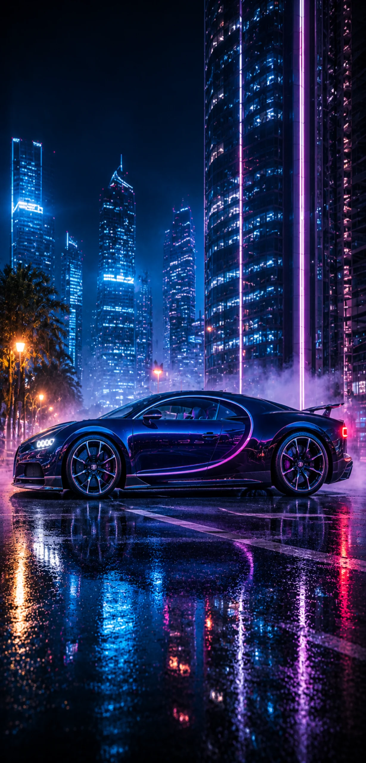Bugatti Chiron Seitenansicht bei Nacht mit Neonlichtern und nasser Straße als Smartphone-Hintergrundbild.