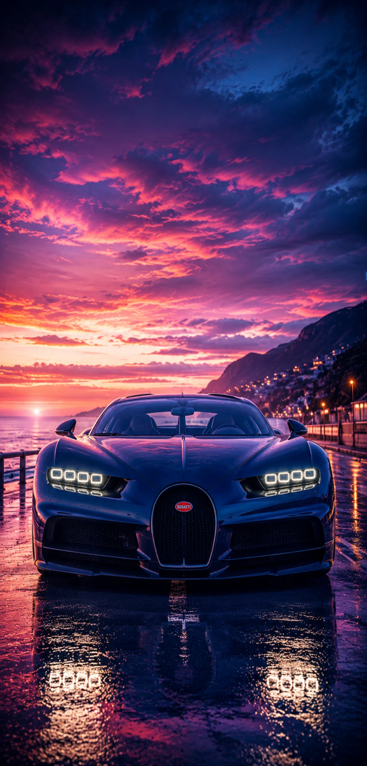 Frontansicht eines blauen Bugatti Chiron bei Sonnenuntergang an einer Küstenstraße als 4K-Handy-Hintergrund.
