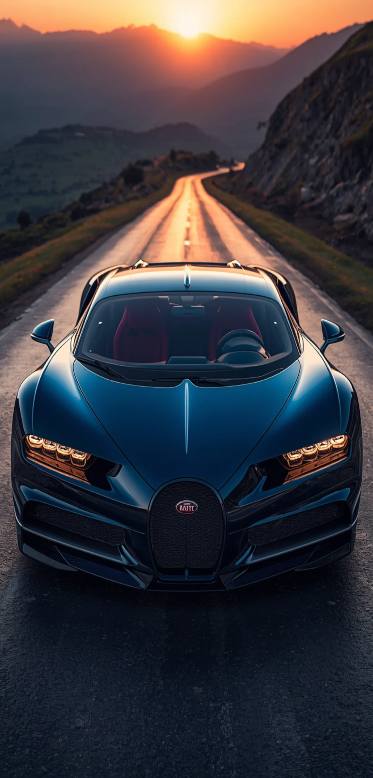 Schwarzer Bugatti Hypercar bei Sonnenuntergang auf kurviger Bergstraße, Frontalansicht