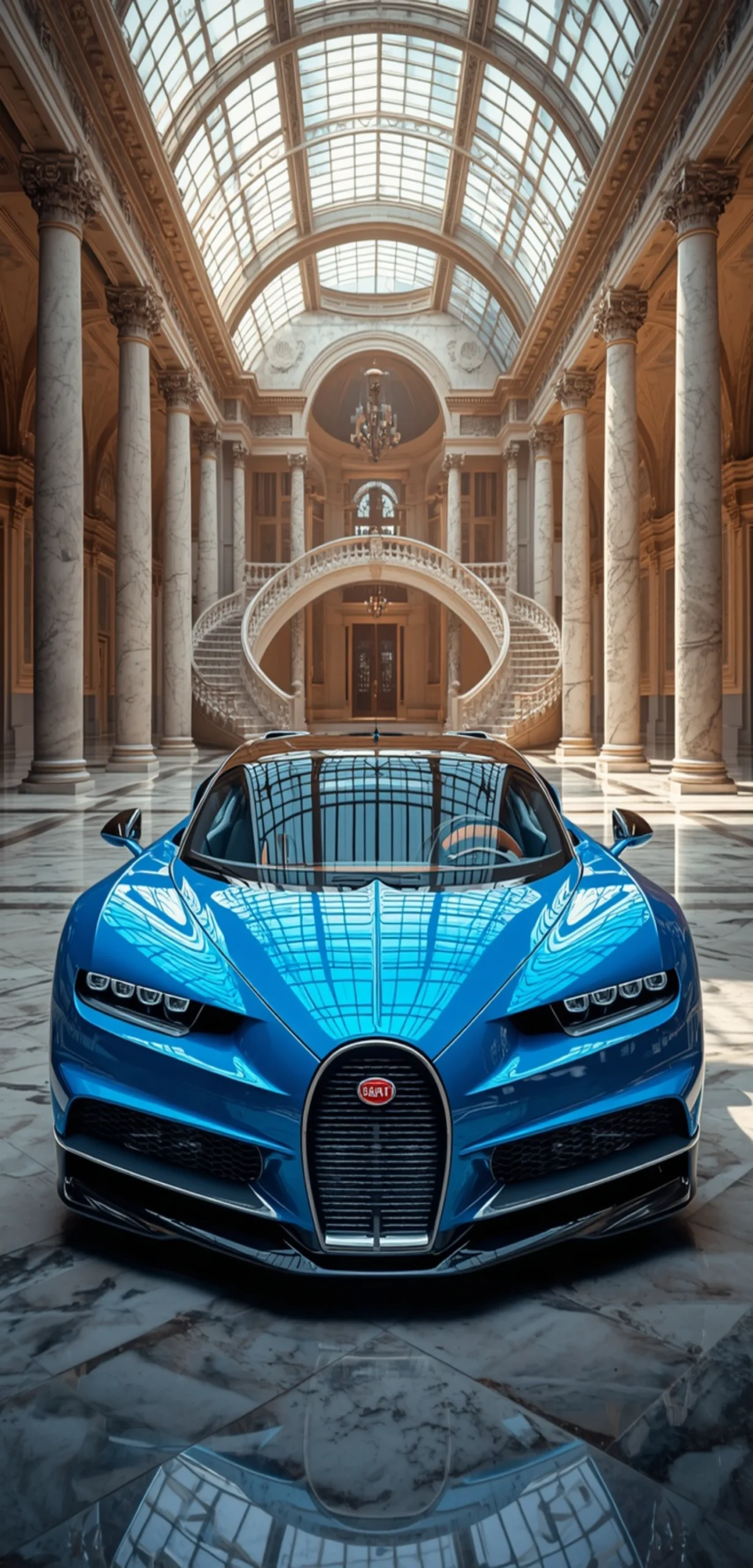 Blauer Bugatti Hypercar in prunkvoller Palasthalle mit Glaskuppel und Marmortreppe