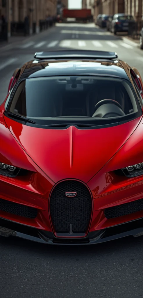 Bugatti Hintergrundbilder für samsung 4K Wallpapers Roter Bugatti Hypercar in urbaner Altstadtstraße, Frontalansicht mit Zebrastreifen