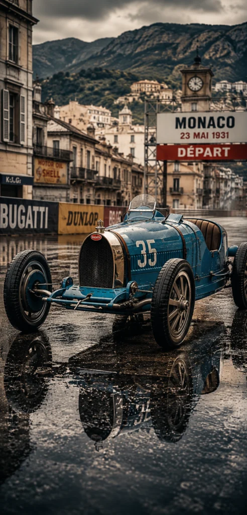 Bugatti Type 57SC Atlantic Schwarz Edle Oldtimer-Looks fürs Mobiltelefon Blauer Bugatti Type 35 Rennwagen mit Startnummer 35 auf regennasser Monaco-Strecke